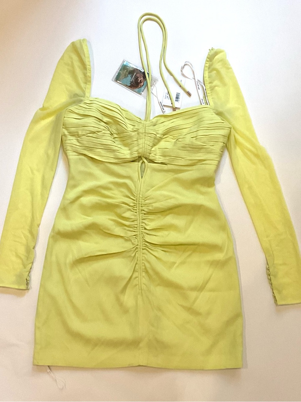 NWT Self-Portrait Lemon Ruched Cutout Mini Dress - Picture 5 of 10